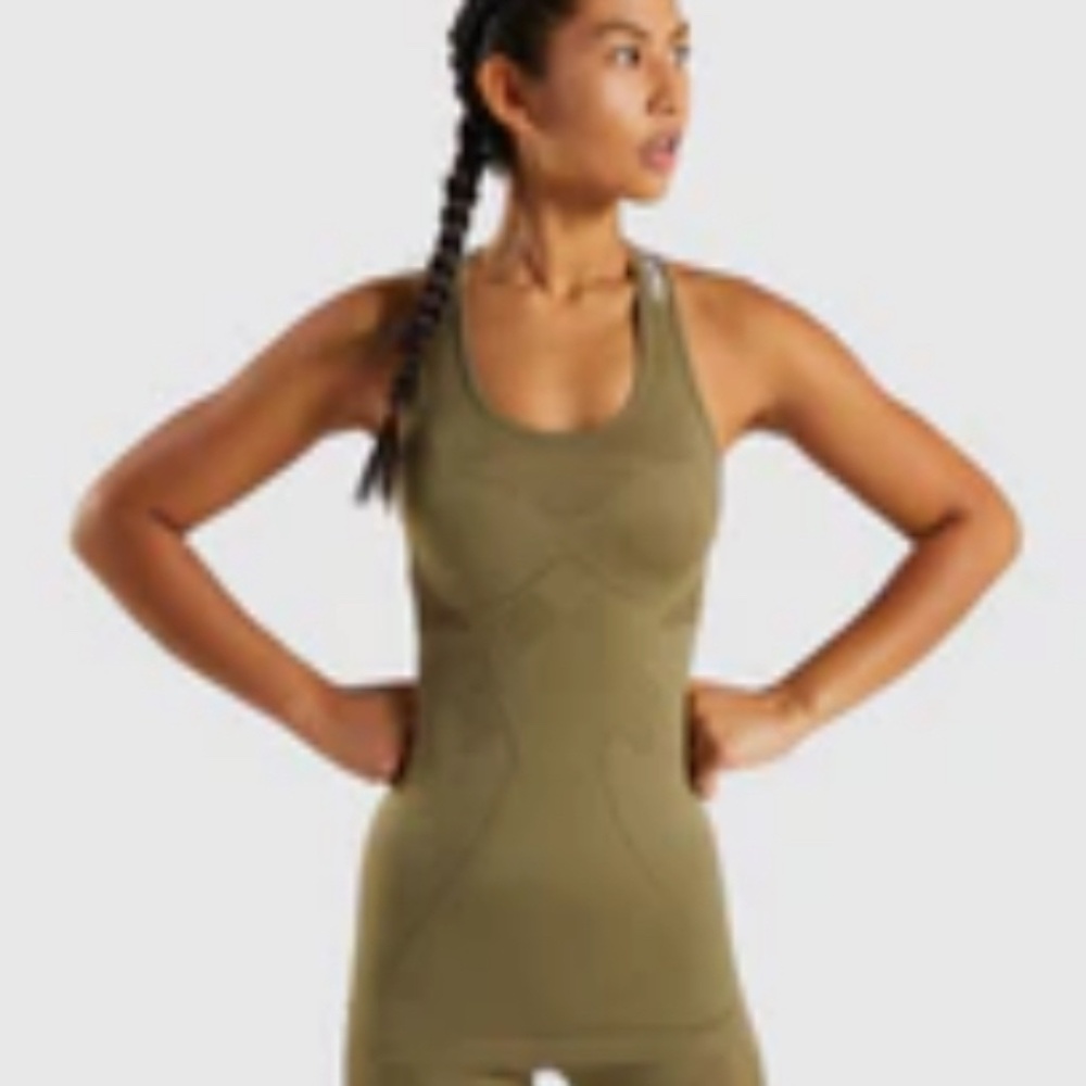 Olive Green Gymshark Fitted Athletic Activewear Tank Top Open Back Size Small